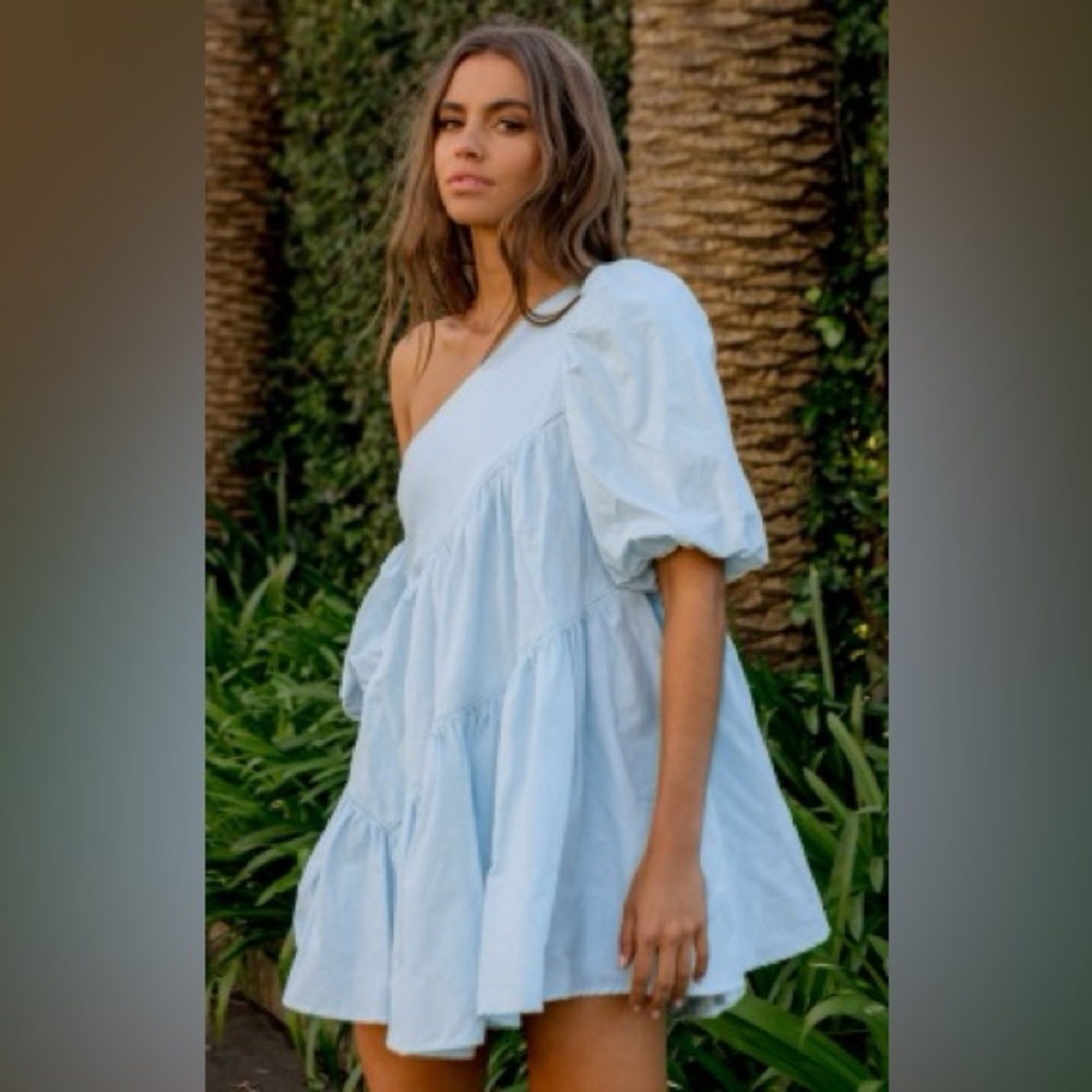 SHOWPO HARLEEN MINI DRESS - ASYMMETRICAL TRIM PUFF SLEEVE DRESS IN LIGHT BLUE
